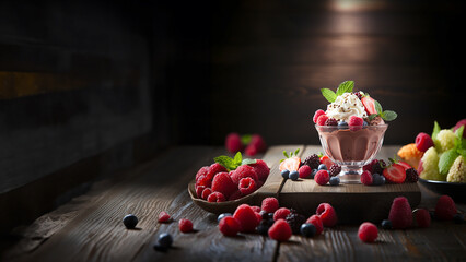 Wall Mural - Ice cream banner, illustration with berries, fruits and chocolate