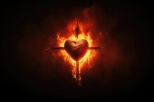 The Sacred Heart, A Crown Of Thorns In The Shape Of A Heart On Fire Background With Copy Space
