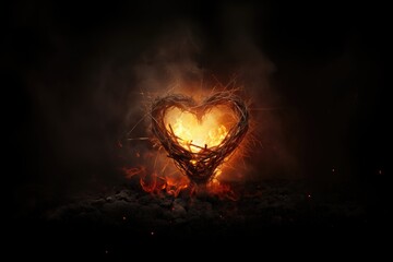 Poster - The Sacred Heart, a crown of thorns in the shape of a heart on fire background with copy space