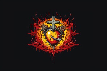 Sticker - The Sacred Heart, a crown of thorns in the shape of a heart on fire background with copy space