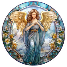 Stained Glass Window With Angel With Her Wings Surrounded By Floral Wreath Round