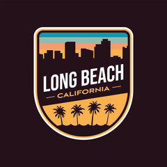 retro vintage long beach california badge patch stickers vector illustration with city silhouette, p