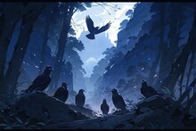 Dead Cliff Road On The Dead Mysterious Forest With Three Crows On The Night