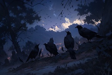Dead cliff road on the dead mysterious forest with three crows on the night