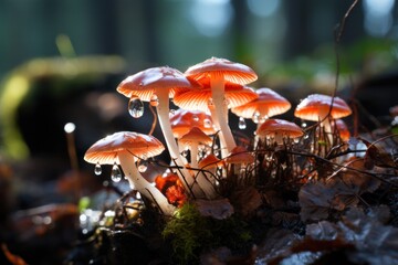 Wall Mural - Mushrooms in the forest with water drops.