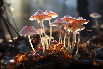 Wall Mural - Mushrooms in the forest with water drops.