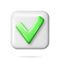 Poster - 3D Right Button in Square Shape. Green Yes or Correct Sign Render. Green Checkmark Tick Represents Confirmation. Right Choice Concept. Agreement, Approval or Trust Symbol. Vector Illustration