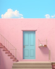 A Joyful And Optimistic Kitsch Aesthetic Represented In A Monochromatic Pink House With A Blue Door And Stairs. The Passage Leads To A Dreamy Cloud-filled Sky