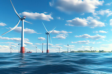 Wind power stations on the ocean. AI technology generated image