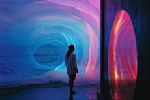 Person Standing On A Dark Beach. Dreamlike And Surreal Image Of A Colorful Wave Shaped Like A Tunnel. Deep Blue, Pink, And Purple Colors Create A Sense Of Wonder And Awe.