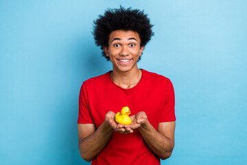 Canvas Print - Photo of funky impressed guy with afro hairstyle dressed stylish red t-shirt hold small duck toy isolated on blue color background