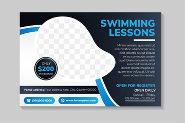 Wall Mural - swimming lessons header page. Horizontal layout vector background template for page covers, flyers, leaflets or advertising billboards. space for photo and text. dark blue gradient background
