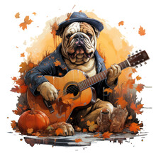 A Heartwarming Halloween Guitar English Bulldog T-shirt Design, Presenting The Bulldog As An Adorable Pumpkin Fairy, With Delicate Pumpkin Wings And A Crown Of Autumn Leaves, Generative Ai
