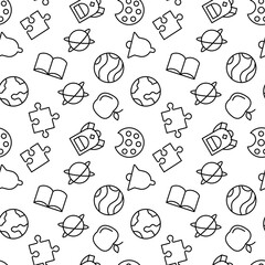 Poster - Education vector seamless pattern. Texture background with thin line icons. Black outline symbols of school on white background. Seamless vector pattern for web design, printable product, mobile app.