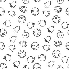 Poster - Education vector seamless pattern. Texture background with thin line icons. Black outline symbols of school on white background. Seamless vector pattern for web design, printable product, mobile app.