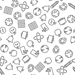 Poster - Education vector seamless pattern. Texture background with thin line icons. Black outline symbols of school on white background. Seamless vector pattern for web design, printable product, mobile app.