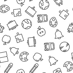 Poster - Education vector seamless pattern. Texture background with thin line icons. Black outline symbols of school on white background. Seamless vector pattern for web design, printable product, mobile app.