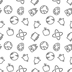 Poster - Education vector seamless pattern. Texture background with thin line icons. Black outline symbols of school on white background. Seamless vector pattern for web design, printable product, mobile app.