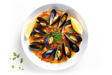 Italian seafood soup with mussels on a white background, top view