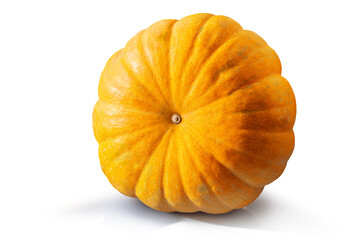 Wall Mural - Ripe fresh pumpkin on a white isolated background. Squash orange vegetable autumn fruit for food health benefits, or traditional Halloween decoration or a Thanksgiving fall design