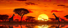 An African Savannah Landscape Scene With Safari Animal Silhouettes