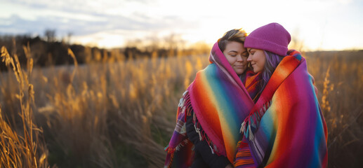 Wall Mural - Lesbian couple in love, girlfriends hugging wrapped in a rainbow colored blanket, in nature at sunset, autumn season. Romantic scene between two loving women, female gay tenderness.