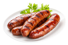 Grilled Pork Sausages, Cooked Sausages Barbecued, Separated On White Backdrop.
