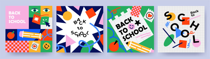 Wall Mural - Back to school, college, education, study concept. Banners or Posters set in trendy doodle style with geometric shapes, bold design elements and modern typography. Templates for ads, branding covers.
