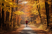 Runner Man On A Beautiful Fall Trail, Back View. AI Generated