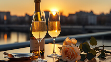 Two glasses of champagne on rooftop and cityscape view with twilight sunset time