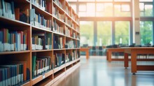 Blurry College Library. Bookshelves And A Classroom In Blurry Focus. Use As A Backdrop Or Background In Concepts. Generative Ai