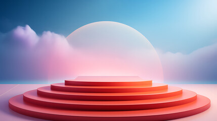 a stair-step podium set against a vibrant gradient backdrop. 3d render AI Generative