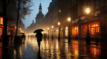 Evening Streets Of The Old Town With Bright Orange Lanterns Reflecting Off The Wet Cobblestones In The Rain With Fog And Silhouettes Of Crowds Of People With Umbrellas. Generative AI