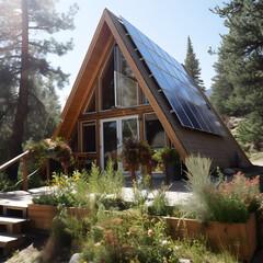 A frame house with solar panels, green energy home, generative ai. 