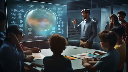 A picture of a modern classroom with students using holographic tablets and a teacher presenting on a holographic screen.