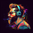 © Oksana - Colorful bearded hipster man listening to music. Vector art illustration created with Generative AI technology