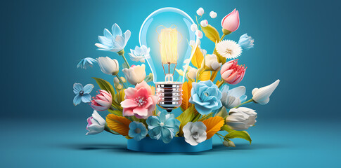 Wall Mural - 3D illustration energy concept.  Light bulb on a blue background with flowers created with Generative AI technology