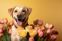 Cute Dog With Flowers. Generative Ai