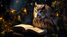 Mystical Night Owl: An Intelligent Owl Perched On A Tree Branch, Reading An Ancient Book Under Magical Light. Wisdom Of Education And Study Concept. Generative Ai. 