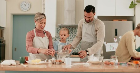 Wall Mural - Family, teaching or girl baking with parents in kitchen for cookies recipe preparation with support at home. Flour, education or kid learning for child development or cooking with mom, dad or love