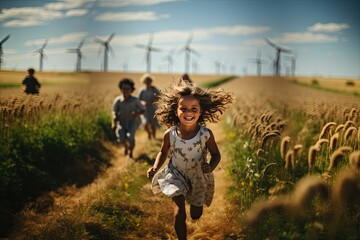 happy mixed race children running through flower field wind turbines in the background, visualising the concept of renewable energy.