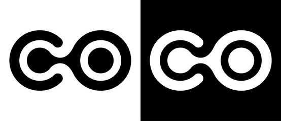 Abstract linked letter C and O like logo or icon. Black shape on a white background and the same white shape on the black side.