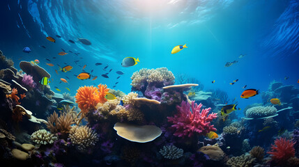 Wall Mural - Colorful coral reef with fishes and corals photo background created  with Generative AI technology