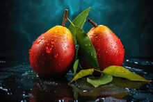 Two Water Droplet-covered Ripe Mangoes On Dark Wet Surface With Mango Tree Leaves - Atmospheric And Moody Lighting. Generative AI