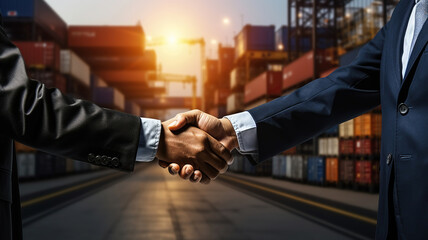 Wall Mural - Business people shaking hands, success business of Logistics Industrial Container Cargo freight ship for Concept of fast or instant shipping. Generative AI