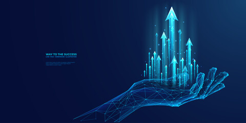 abstract digital businessman hand holding rising arrows in futuristic style. successful business and