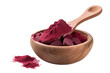 finely dried beetroot powder in a wooden bowl and spoon, with beetroots isolated on white background PNG