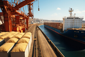 ships with sea cargo grain in the port. generative ai