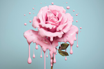 Creative rose flower with dripping drops of thick paint on flat pastel background with copy space. Unusual floral wallpaper in pink pastel color. 3d render illustration style.