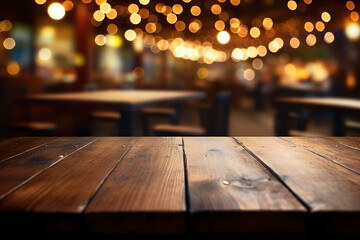 Empty wooden surface and blurred evening pub background. Cozy scene with a wooden bar table and bokeh lights. Stage podium for product display placement.